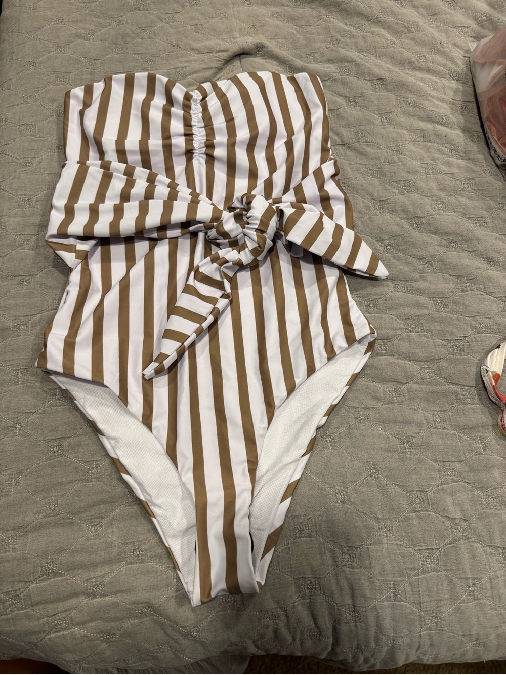 Striped Brown and White juniors One-Piece Swimsuit with Waist Tie